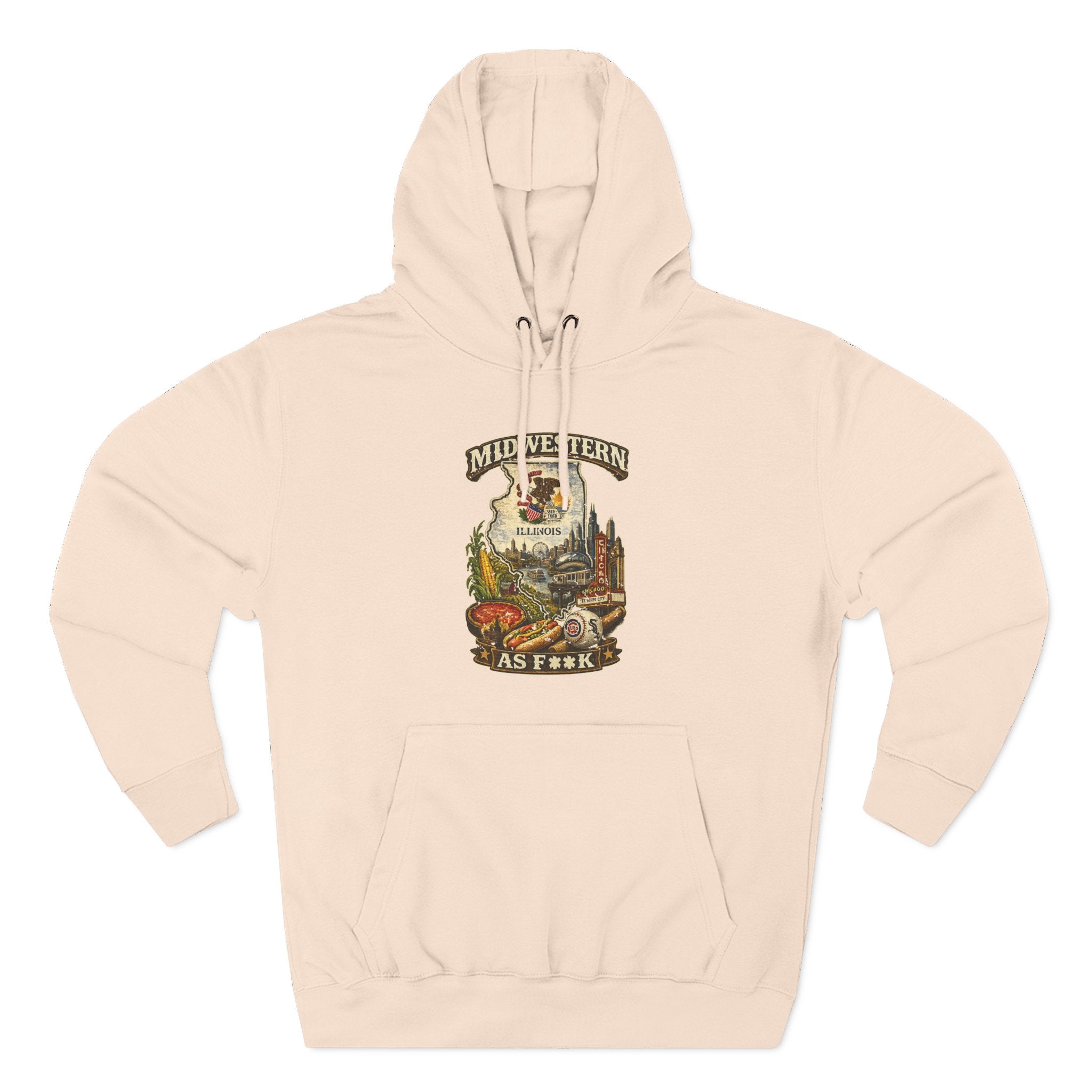 Slightly Salty Midwestern As F**K Illinois Hoodie in Pale Pink – a distressed vintage design featuring the Illinois state outline overlaid with the state flag, surrounded by the Chicago skyline, the Chicago Theatre sign, The Bean, deep-dish pizza, a Chicago-style hot dog, and towering corn fields