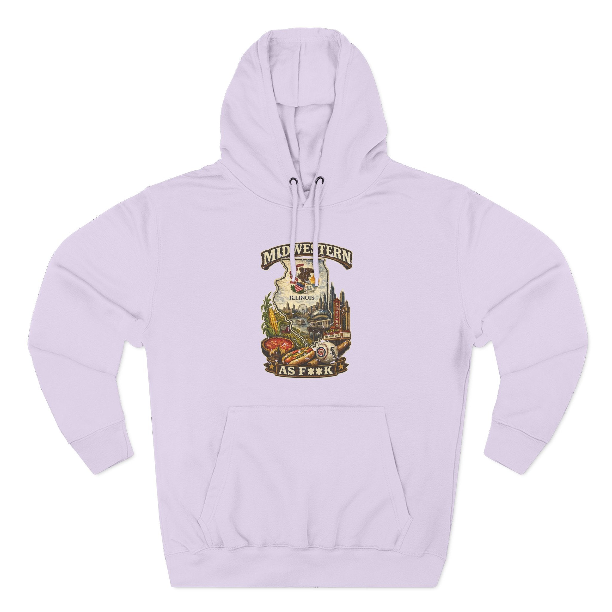 Slightly Salty Midwestern As F**K Illinois Hoodie in Lilac – a distressed vintage design featuring the Illinois state outline overlaid with the state flag, surrounded by the Chicago skyline, the Chicago Theatre sign, The Bean, deep-dish pizza, a Chicago-style hot dog, and towering corn fields