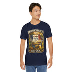 Midwestern As Fuck Iowa T-Shirt – product photo 14 featuring a distressed vintage design featuring the outline of Iowa overlaid with the Iowa state flag, surrounded by towering corn stalks, rolling farmland, a classic red barn, a windmill, a tractor, and an overflowing harvest basket