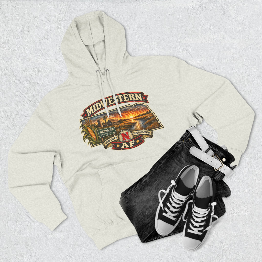 Oatmeal heather Nebraska hoodie flat-lay with jeans and sneakers