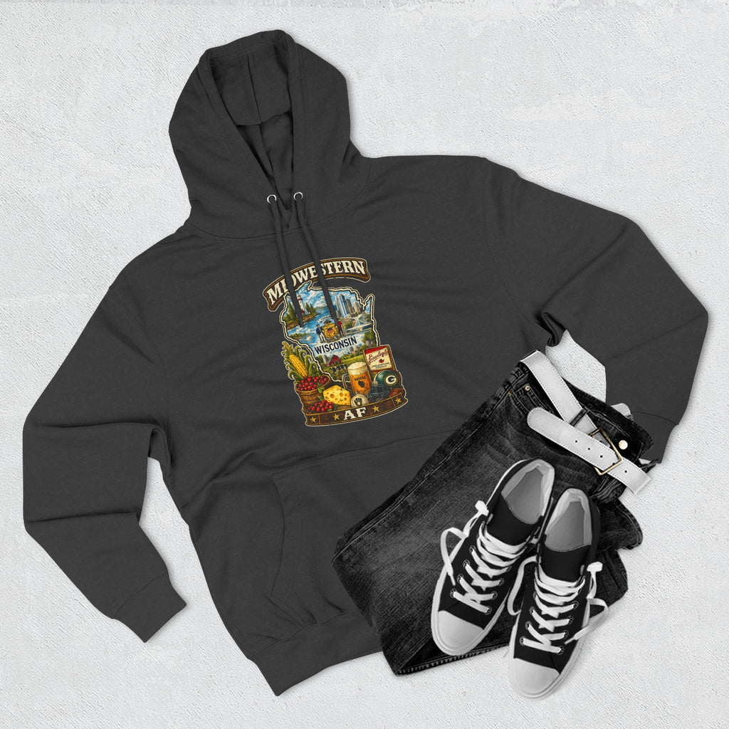 Midwestern AF Wisconsin Hoodie | Funny Wisconsin Pride Hoodie | Lane Seven LS14001 3-Panel Fleece | Family Friendly Cheesehead State Hoodie