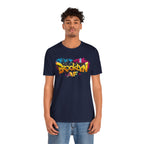 Navy t-shirt worn by a male model, front view, featuring graffiti Brooklyn AF lettering over a skyline graphic.