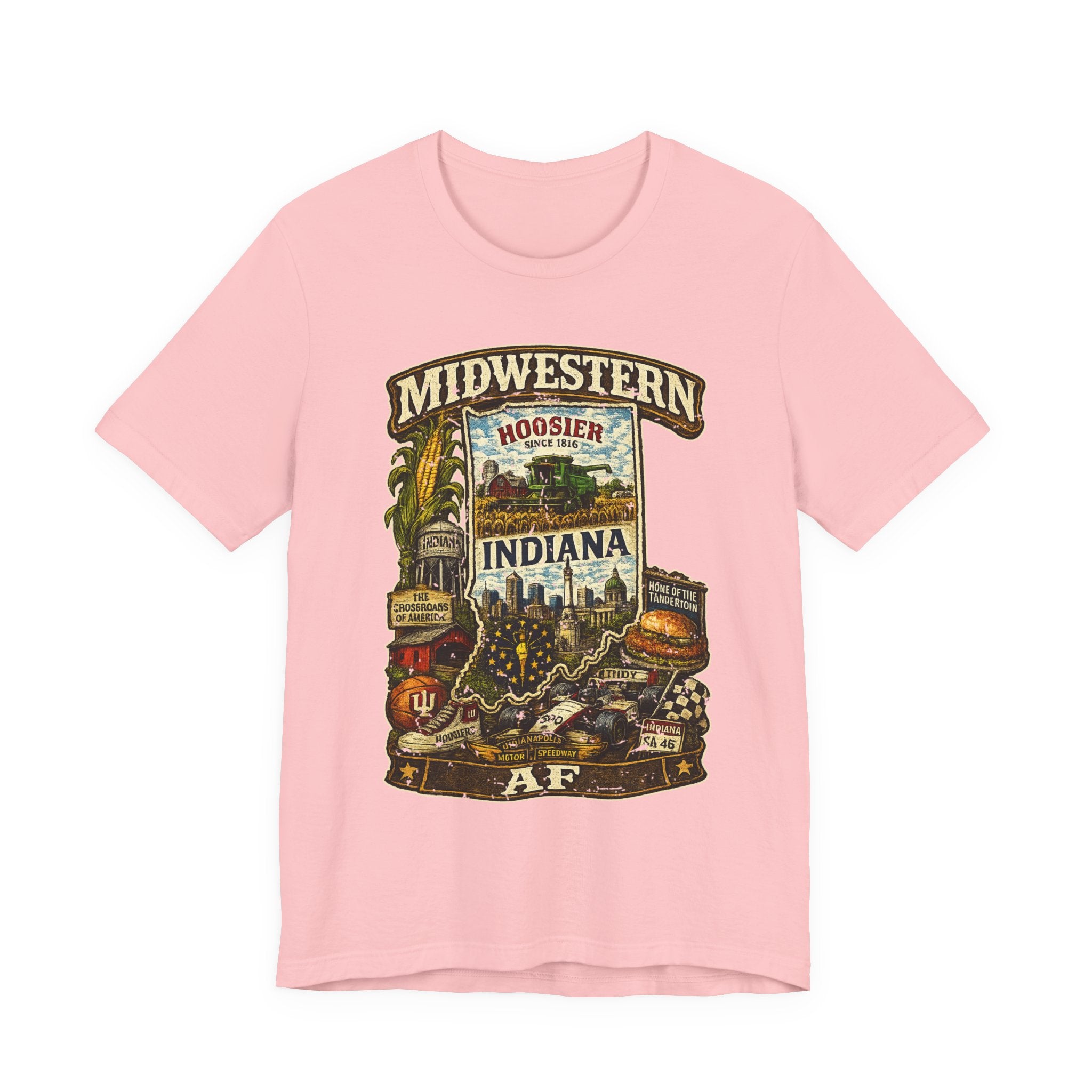 Pink Midwestern AF Indiana T-Shirt, family friendly Hoosier State pride tee