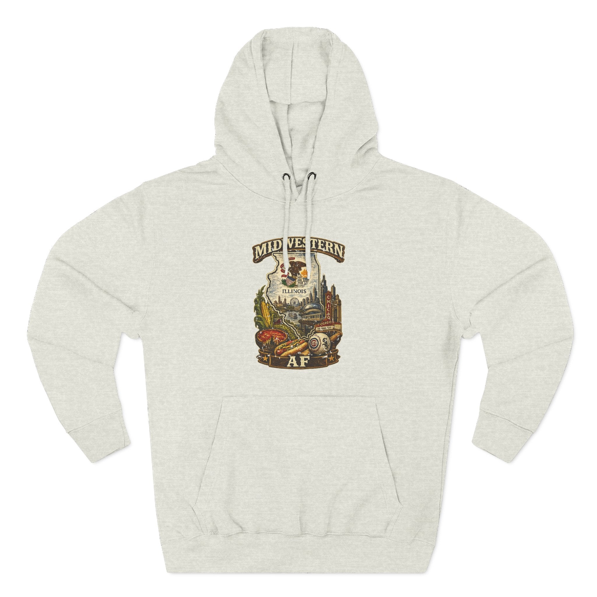 Family Friendly Midwestern AF Illinois Hoodie in Oatmeal Heather – a distressed vintage design featuring the Illinois state outline overlaid with the state flag, surrounded by the Chicago skyline, the Chicago Theatre sign, The Bean, deep-dish pizza, a Chicago-style hot dog, and towering corn fields