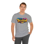 Athletic Heather t-shirt worn by a male model, front view, featuring graffiti Brooklyn AF lettering over a skyline.