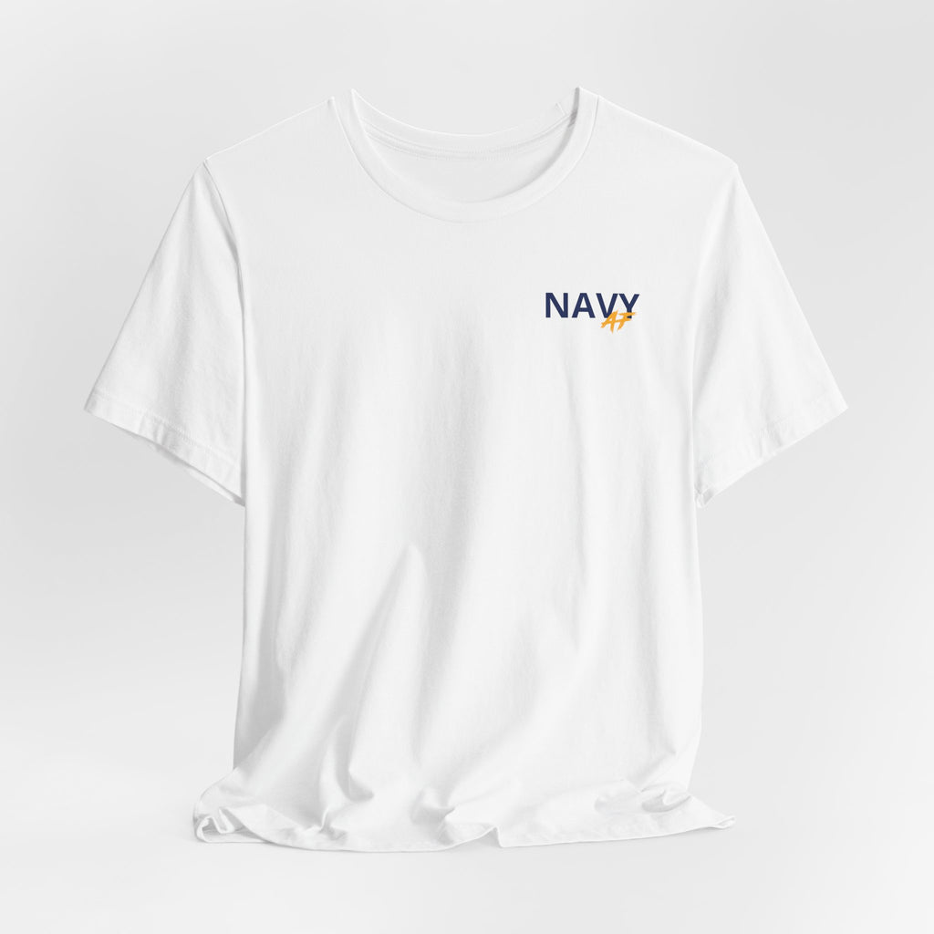 Navy veteran T-shirt in White shown draped with the personalized NAVY chest print