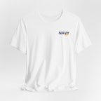 Navy veteran T-shirt in White shown draped with the personalized NAVY chest print