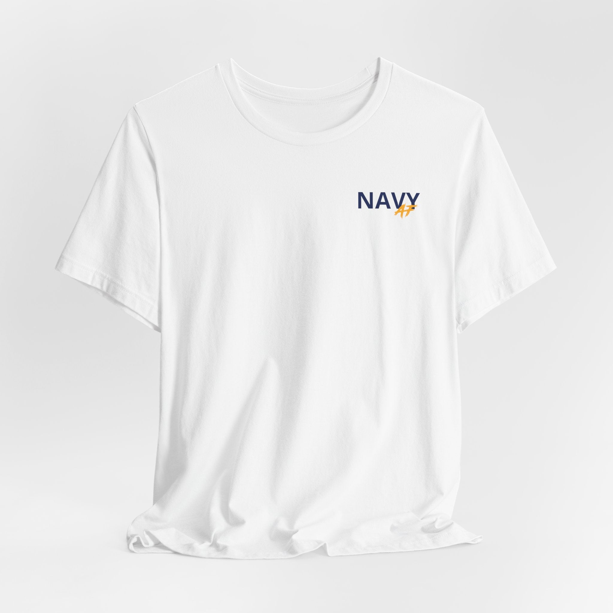 Navy veteran T-shirt in White shown draped with the personalized NAVY chest print