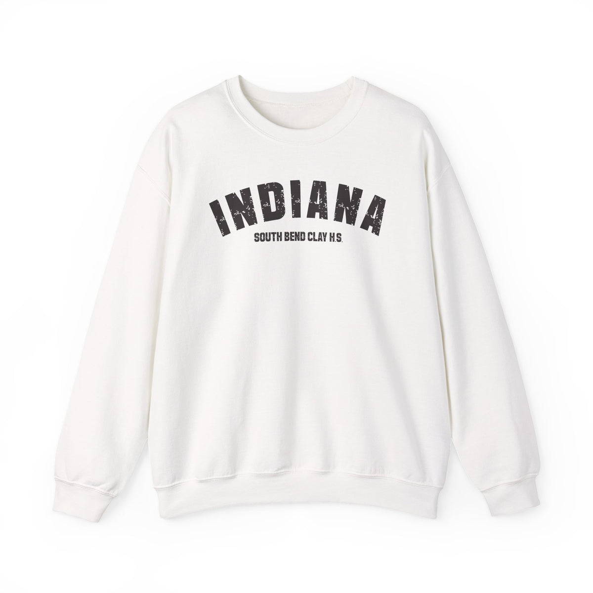 Custom Indiana crewneck in White laid flat, charcoal varsity INDIANA above a personalized high school name