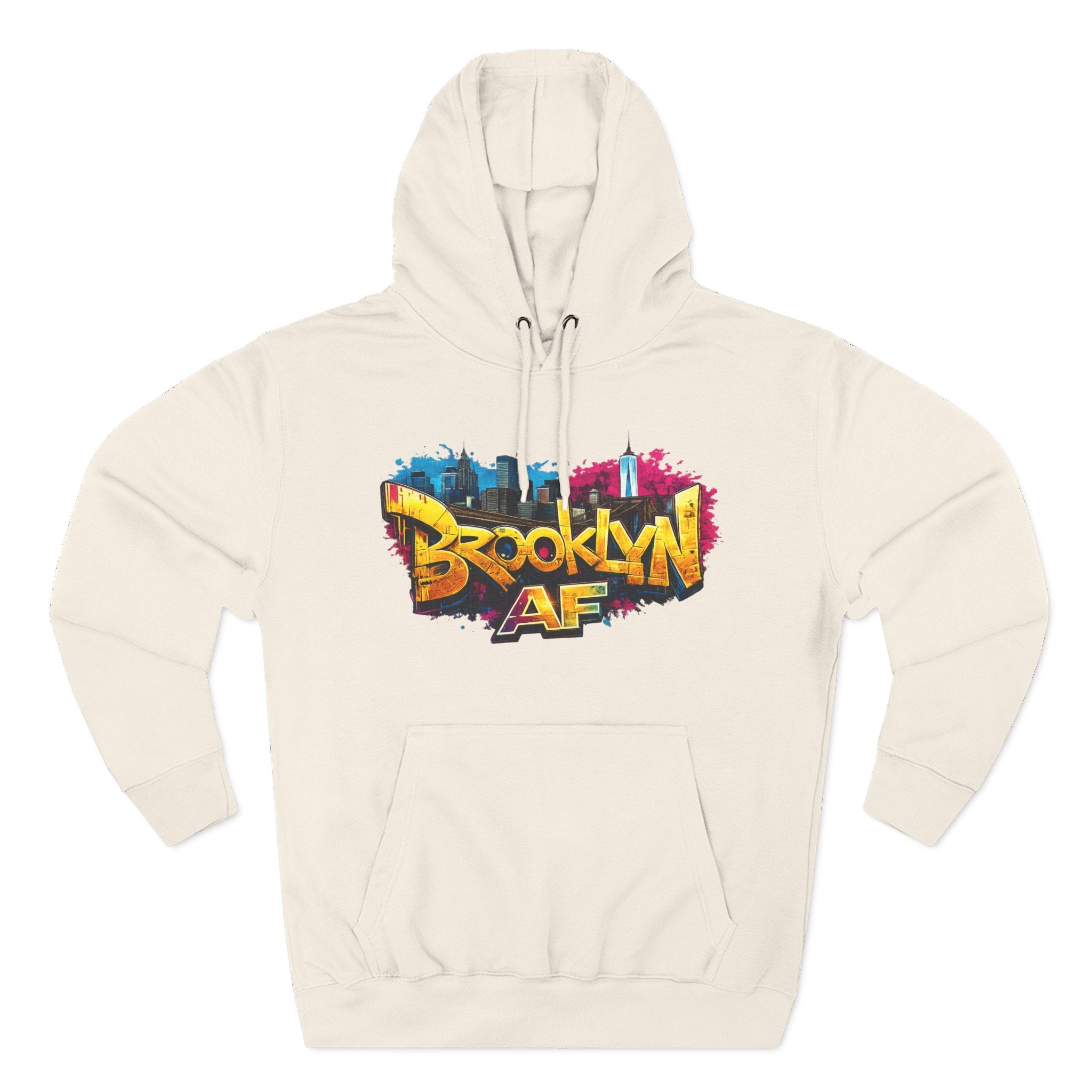 Sandshell hoodie, flat lay front view, with graffiti-style Brooklyn AF logo and NYC skyline paint-splash print.