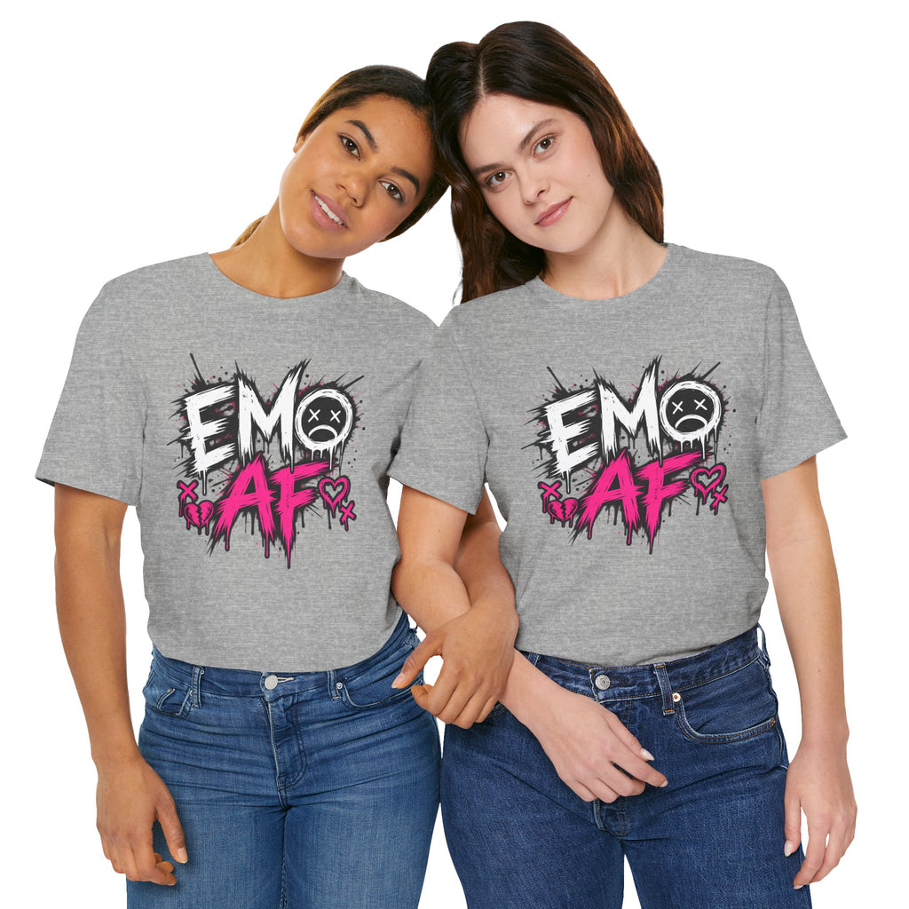 Two women wearing the Athletic Heather EMO AF tee with jeans