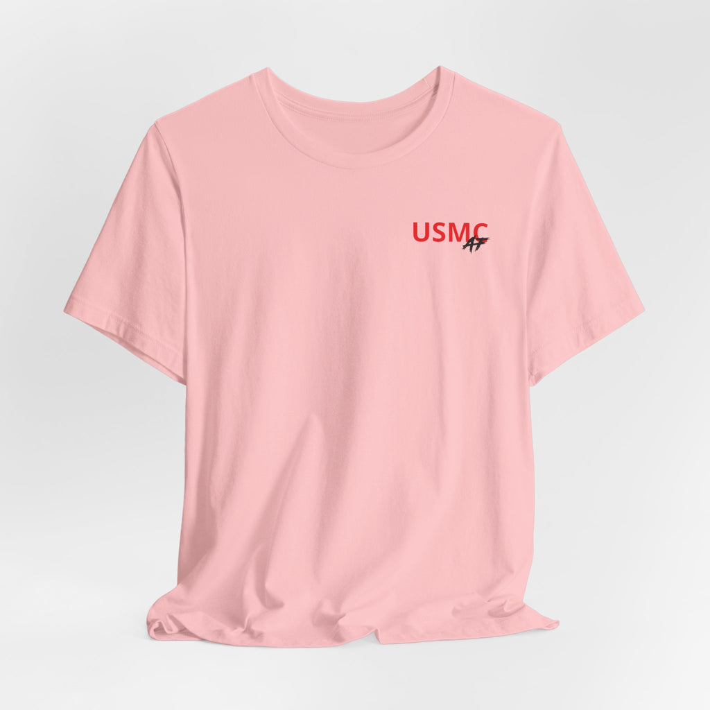 Marine Corps veteran T-shirt in Pink shown draped with the personalized USMC AF chest print