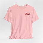 Marine Corps veteran T-shirt in Pink shown draped with the personalized USMC AF chest print
