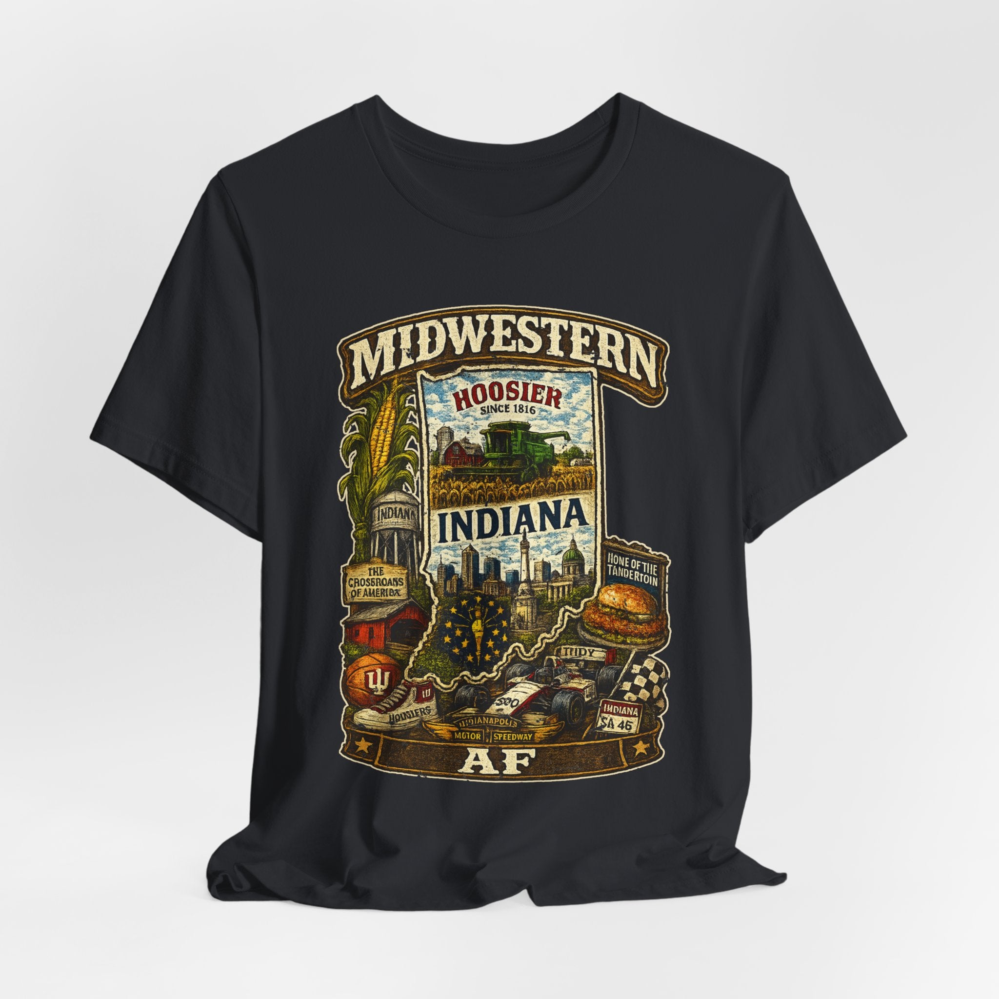 Indiana Midwestern AF T-Shirt | Hoosier State Graphic Tee | Indiana Pride Shirt | Bella + Canvas 3001 | Family Friendly Collection