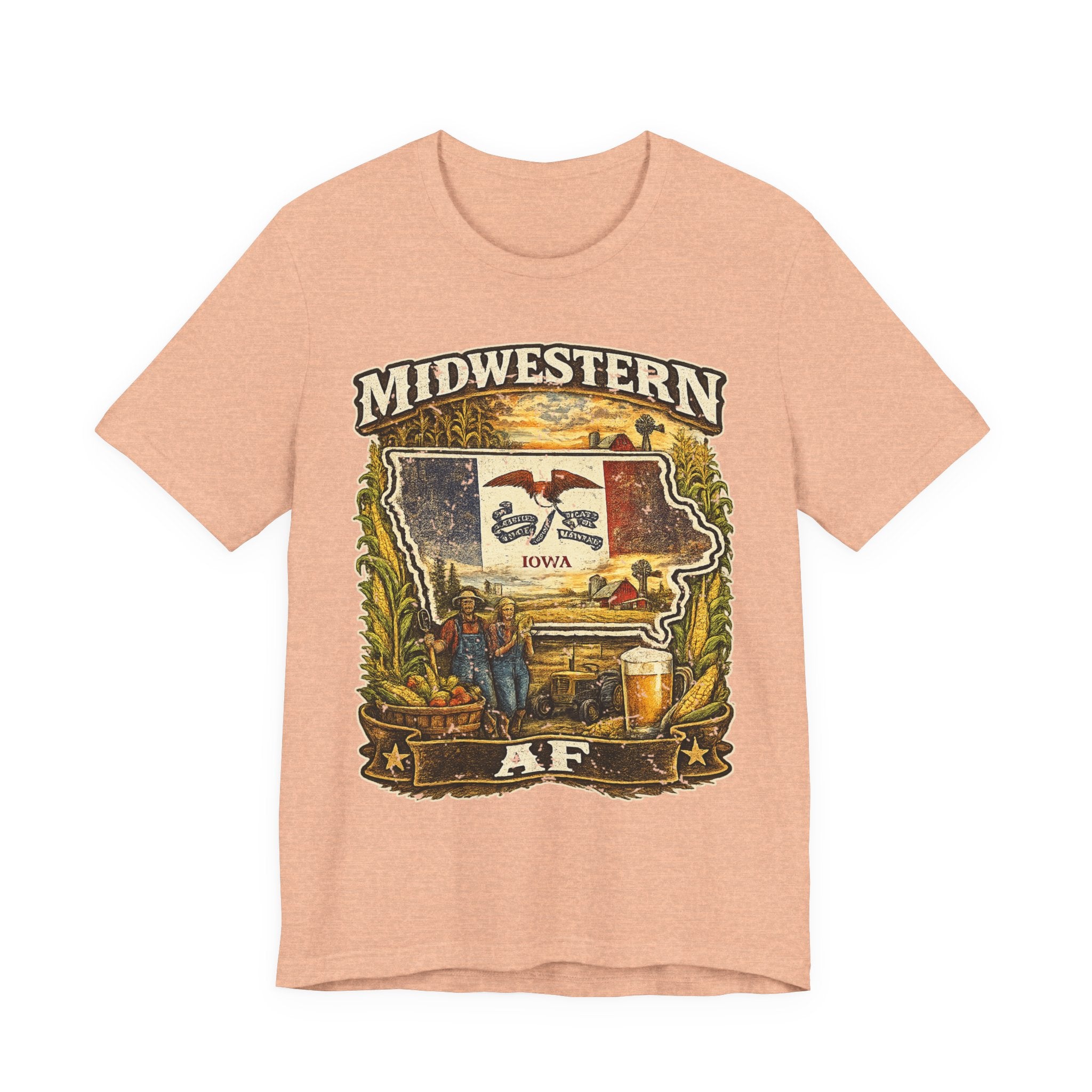 Family Friendly Midwestern AF Iowa T-Shirt in Heather Peach – a distressed vintage design featuring the outline of Iowa overlaid with the Iowa state flag, surrounded by towering corn stalks, rolling farmland, a classic red barn, a windmill, a tractor, and an overflowing harvest basket
