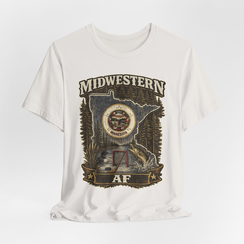 Family Friendly Midwestern AF Minnesota T-Shirt – product photo 25 featuring the distressed state flag, pine trees, loon and walleye design