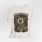Family Friendly Midwestern AF Minnesota T-Shirt – product photo 25 featuring the distressed state flag, pine trees, loon and walleye design