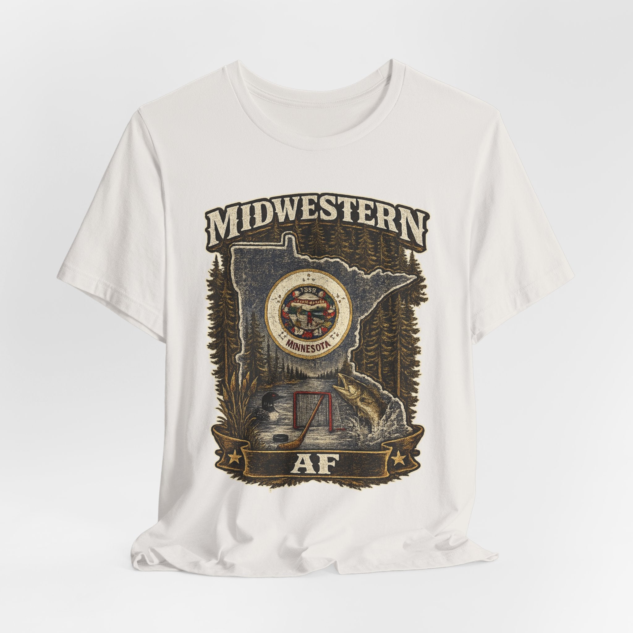 Family Friendly Midwestern AF Minnesota T-Shirt – product photo 25 featuring the distressed state flag, pine trees, loon and walleye design