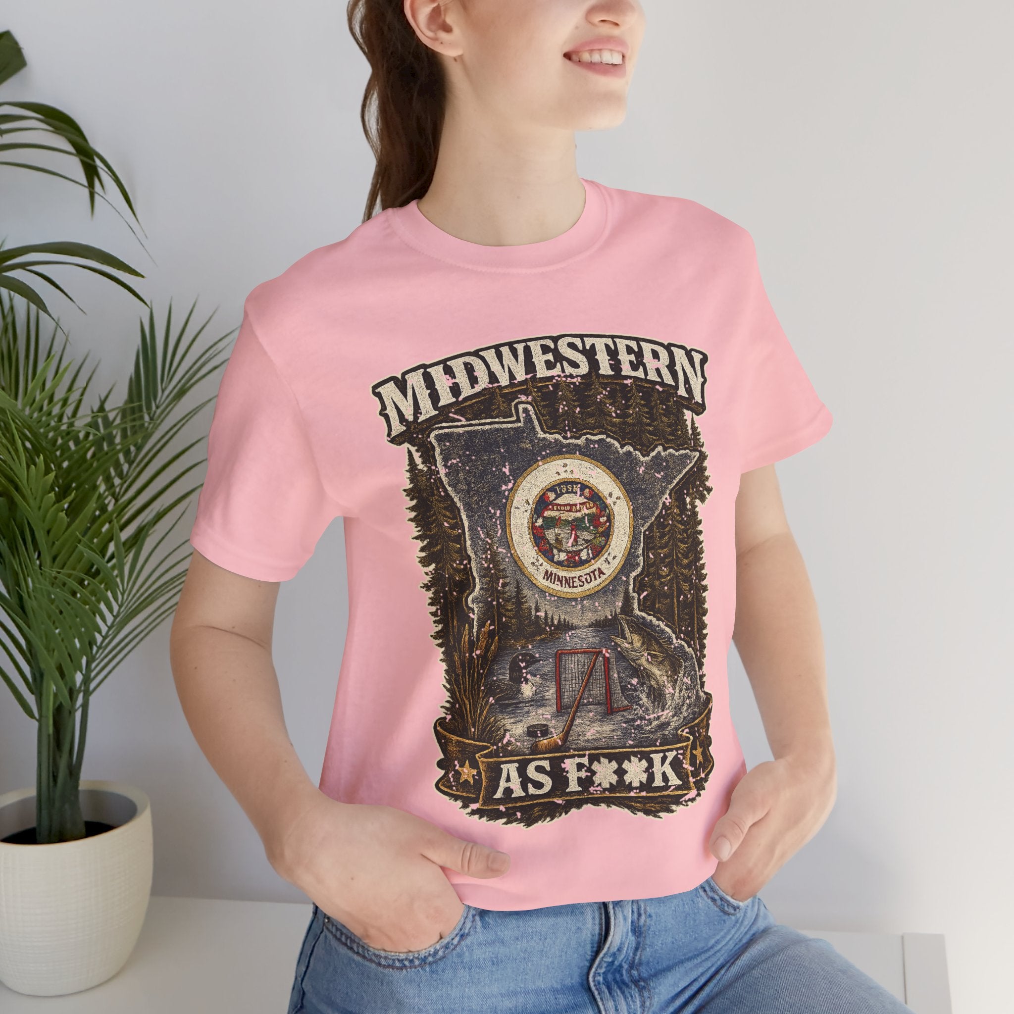 Slightly Salty Midwestern As F**K Minnesota T-Shirt – product photo 16 featuring the distressed state flag, pine trees, loon and walleye design