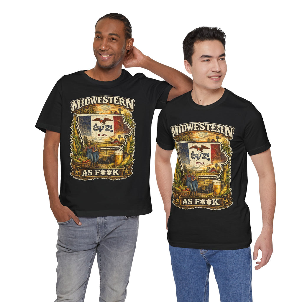 Slightly Salty Midwestern As F**K Iowa T-Shirt – product photo 5 featuring a distressed vintage design featuring the outline of Iowa overlaid with the Iowa state flag, surrounded by towering corn stalks, rolling farmland, a classic red barn, a windmill, a tractor, and an overflowing harvest basket