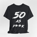 Vintage Black birthday t-shirt laid flat and rumpled, white 50 AS F**K chest graphic