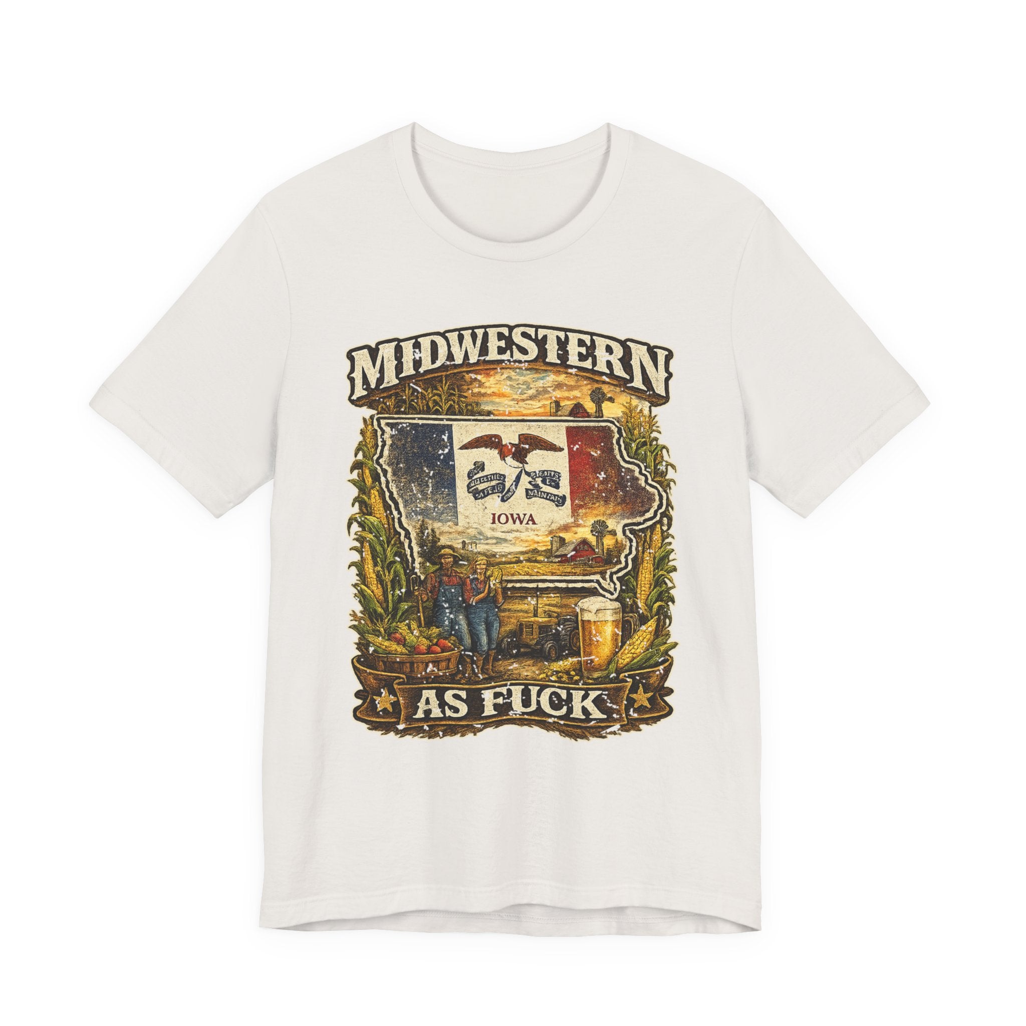 Midwestern As Fuck Iowa T-Shirt in Vintage White – a distressed vintage design featuring the outline of Iowa overlaid with the Iowa state flag, surrounded by towering corn stalks, rolling farmland, a classic red barn, a windmill, a tractor, and an overflowing harvest basket