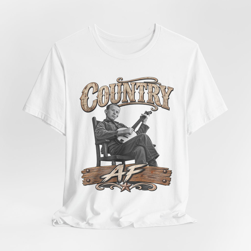 White Country AF tee draped and rumpled, banjo-player front print