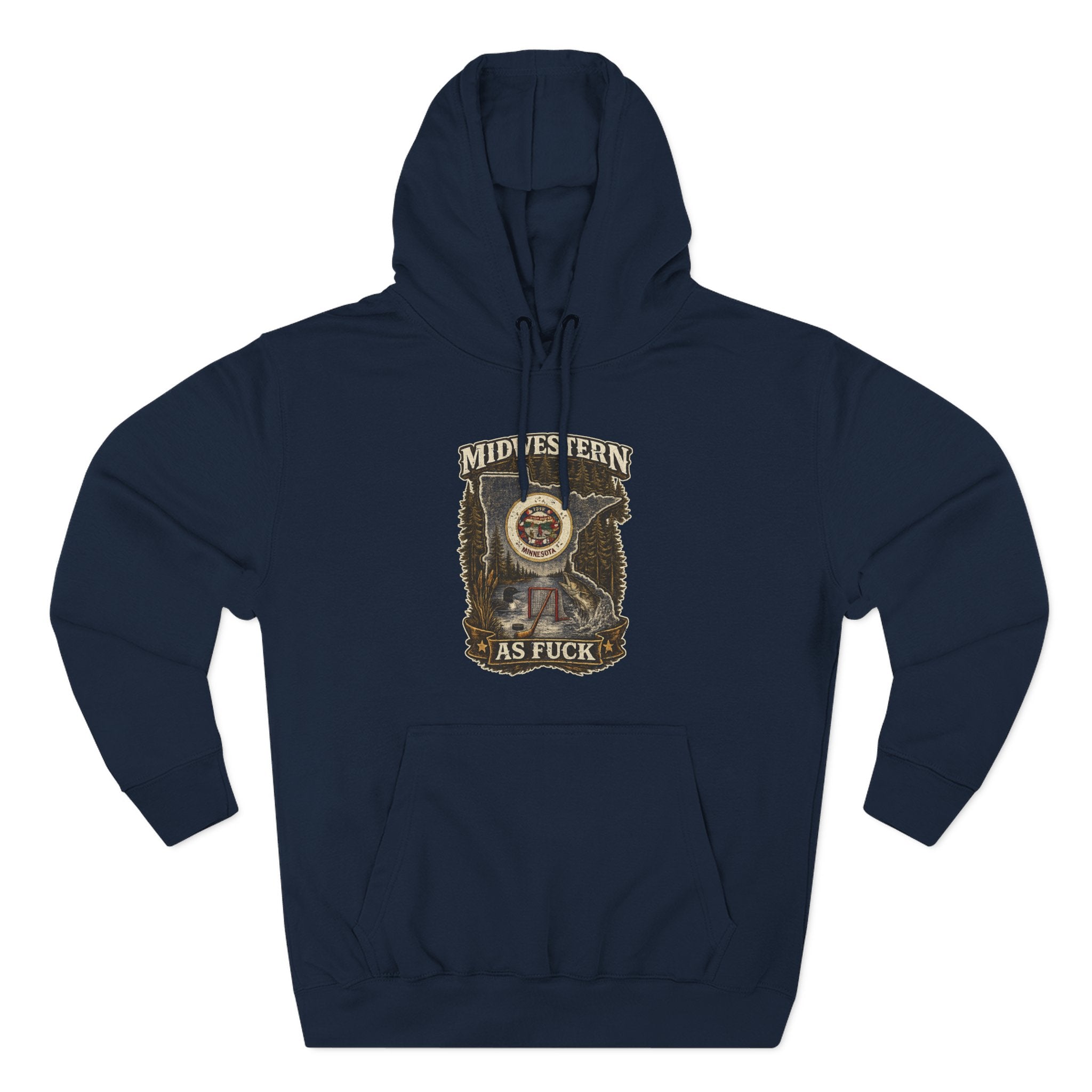 No Filter Midwestern As Fuck Minnesota Hoodie in Navy – distressed Minnesota state flag design with pine trees, loon and walleye