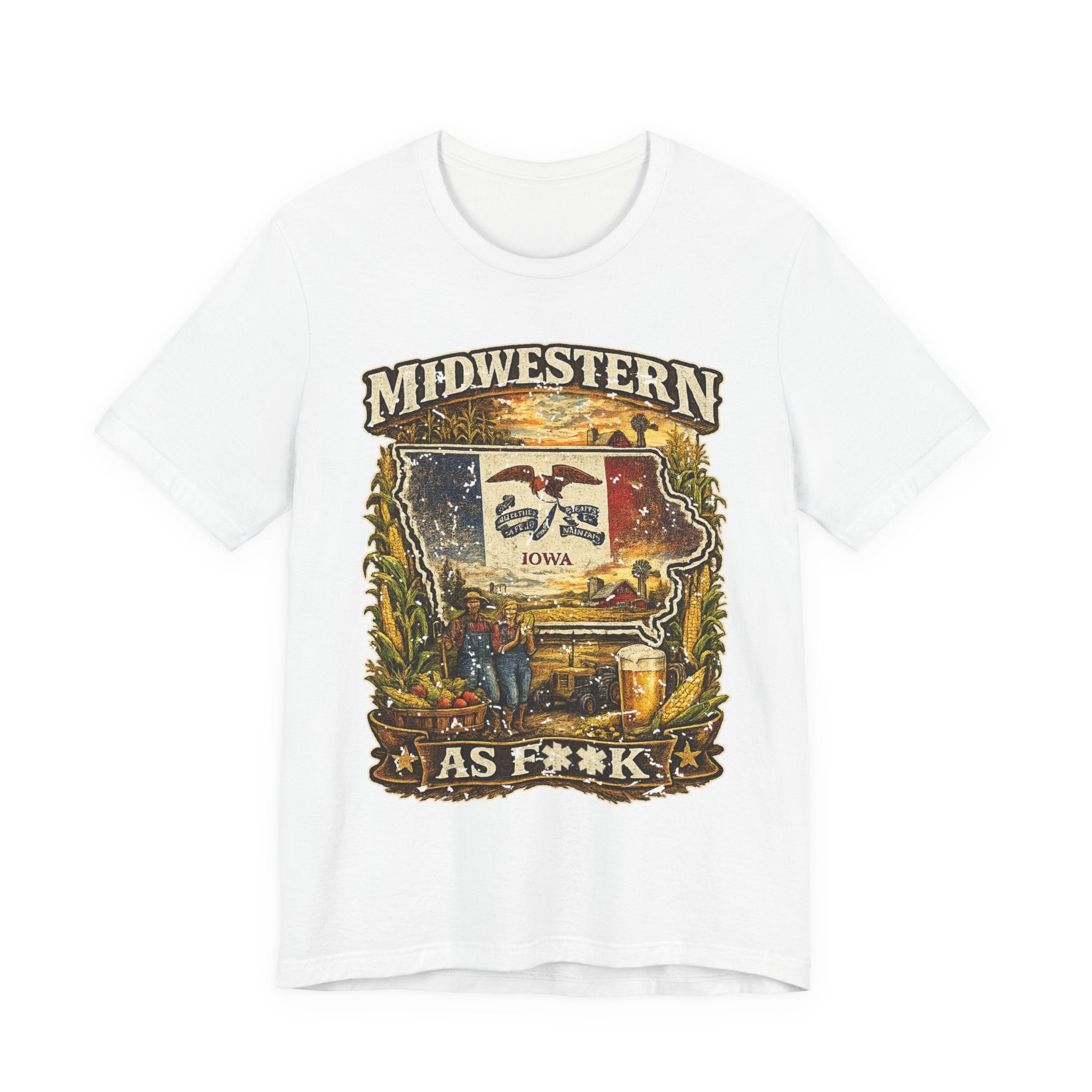 Slightly Salty Midwestern As F**K Iowa T-Shirt in White – a distressed vintage design featuring the outline of Iowa overlaid with the Iowa state flag, surrounded by towering corn stalks, rolling farmland, a classic red barn, a windmill, a tractor, and an overflowing harvest basket
