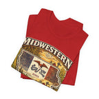 Family Friendly Midwestern AF Iowa T-Shirt – product photo 18 featuring a distressed vintage design featuring the outline of Iowa overlaid with the Iowa state flag, surrounded by towering corn stalks, rolling farmland, a classic red barn, a windmill, a tractor, and an overflowing harvest basket
