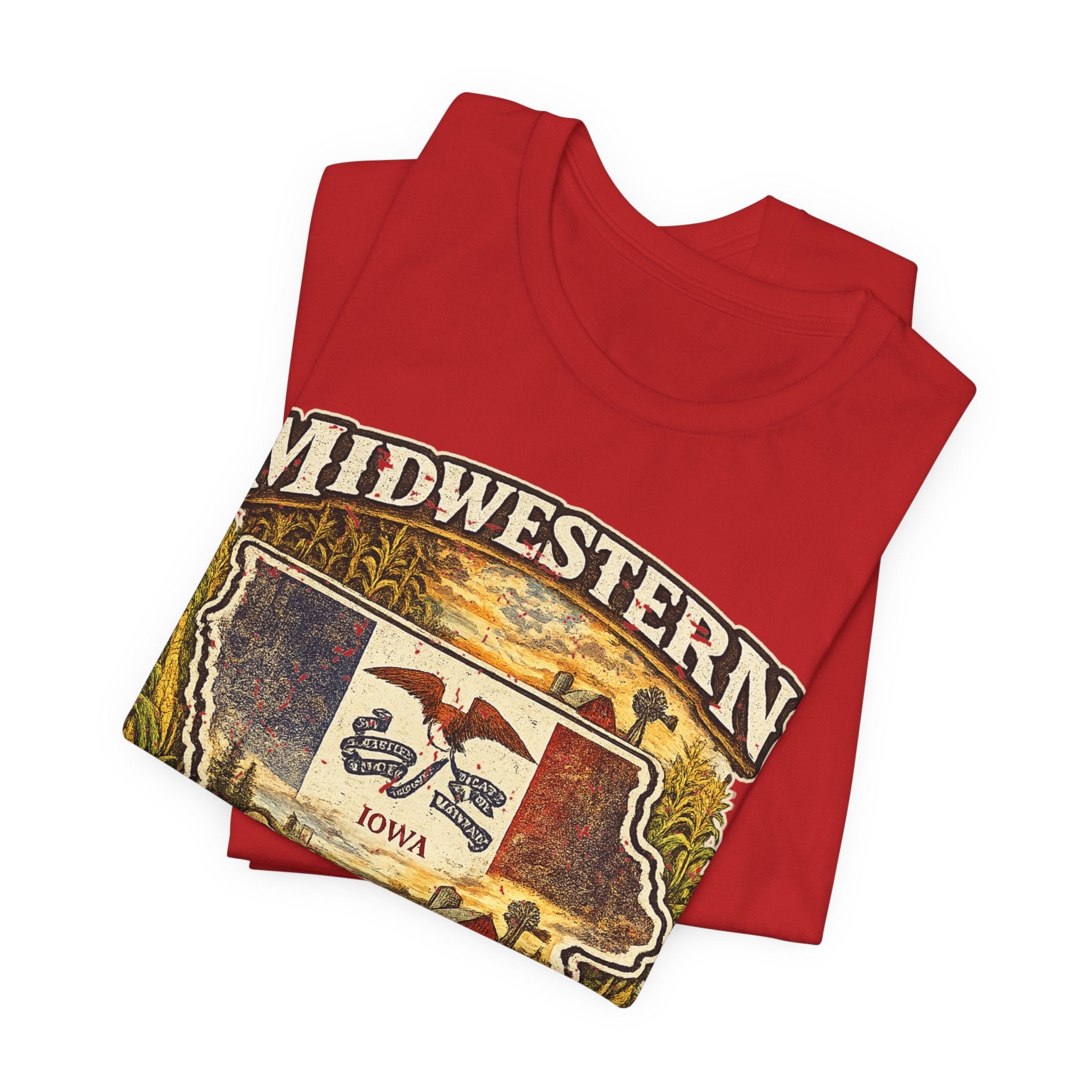 Family Friendly Midwestern AF Iowa T-Shirt – product photo 18 featuring a distressed vintage design featuring the outline of Iowa overlaid with the Iowa state flag, surrounded by towering corn stalks, rolling farmland, a classic red barn, a windmill, a tractor, and an overflowing harvest basket