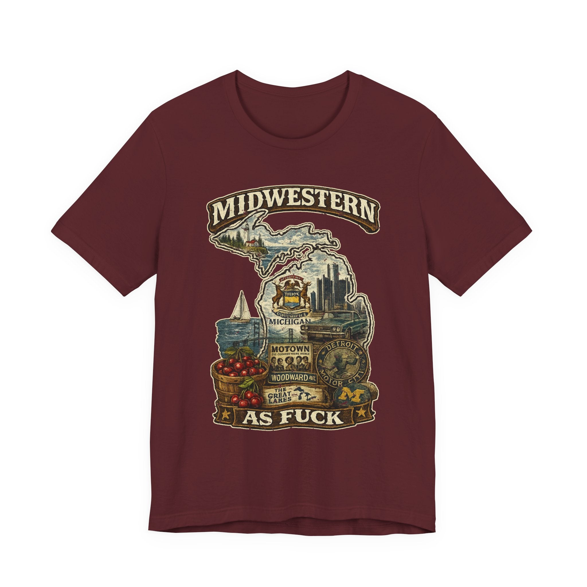 Midwestern As Fuck Michigan T-Shirt in Maroon – a distressed vintage design featuring Michigan's Upper and Lower Peninsulas overlaid with the state outline, surrounded by Detroit's skyline, Woodward Avenue, the Great Lakes, and Traverse City cherries