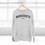Heather grey personalized Minnesota hoodie on a hanger, varsity MINNESOTA above an OOF-DAH line