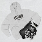 Heather grey Iowa hoodie styled flat with denim and trainers, varsity IOWA over WEST SENIOR HIGH