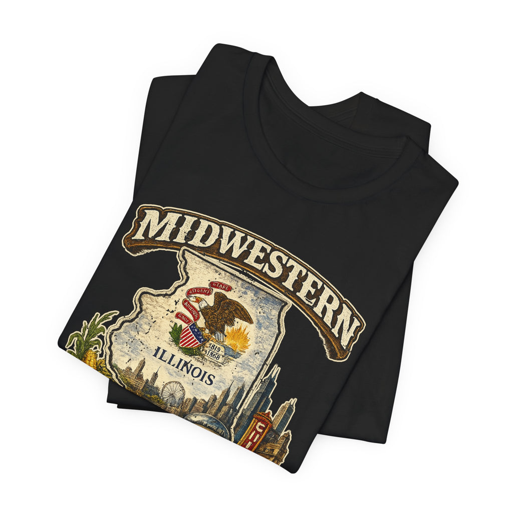 Slightly Salty Midwestern As F**K Illinois T-Shirt – product photo 6 featuring a distressed vintage design featuring the Illinois state outline overlaid with the state flag, surrounded by the Chicago skyline, the Chicago Theatre sign, The Bean, deep-dish pizza, a Chicago-style hot dog, and towering corn fields