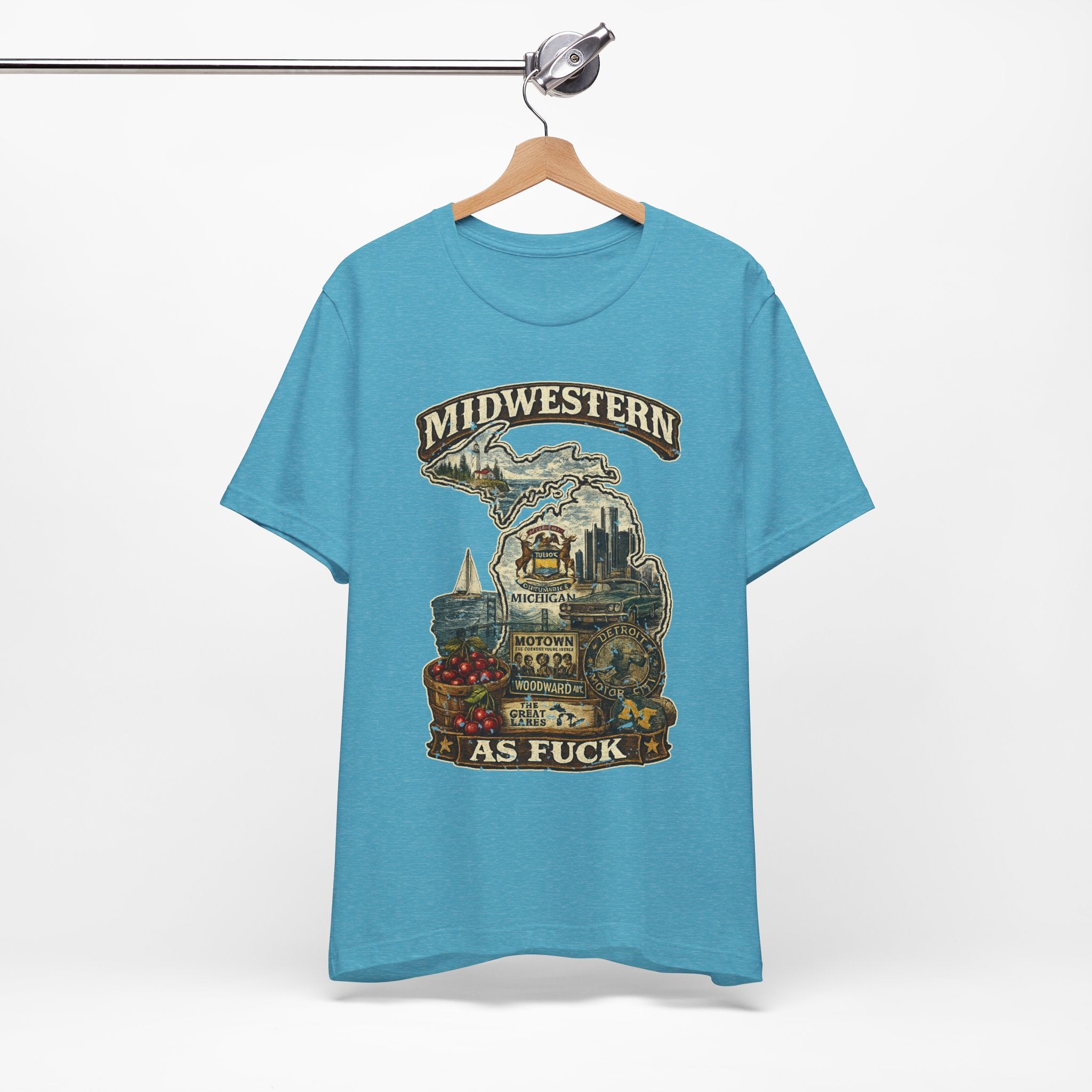 Midwestern As Fuck Michigan T-Shirt – product photo 12 featuring a distressed vintage design featuring Michigan's Upper and Lower Peninsulas overlaid with the state outline, surrounded by Detroit's skyline, Woodward Avenue, the Great Lakes, and Traverse City cherries