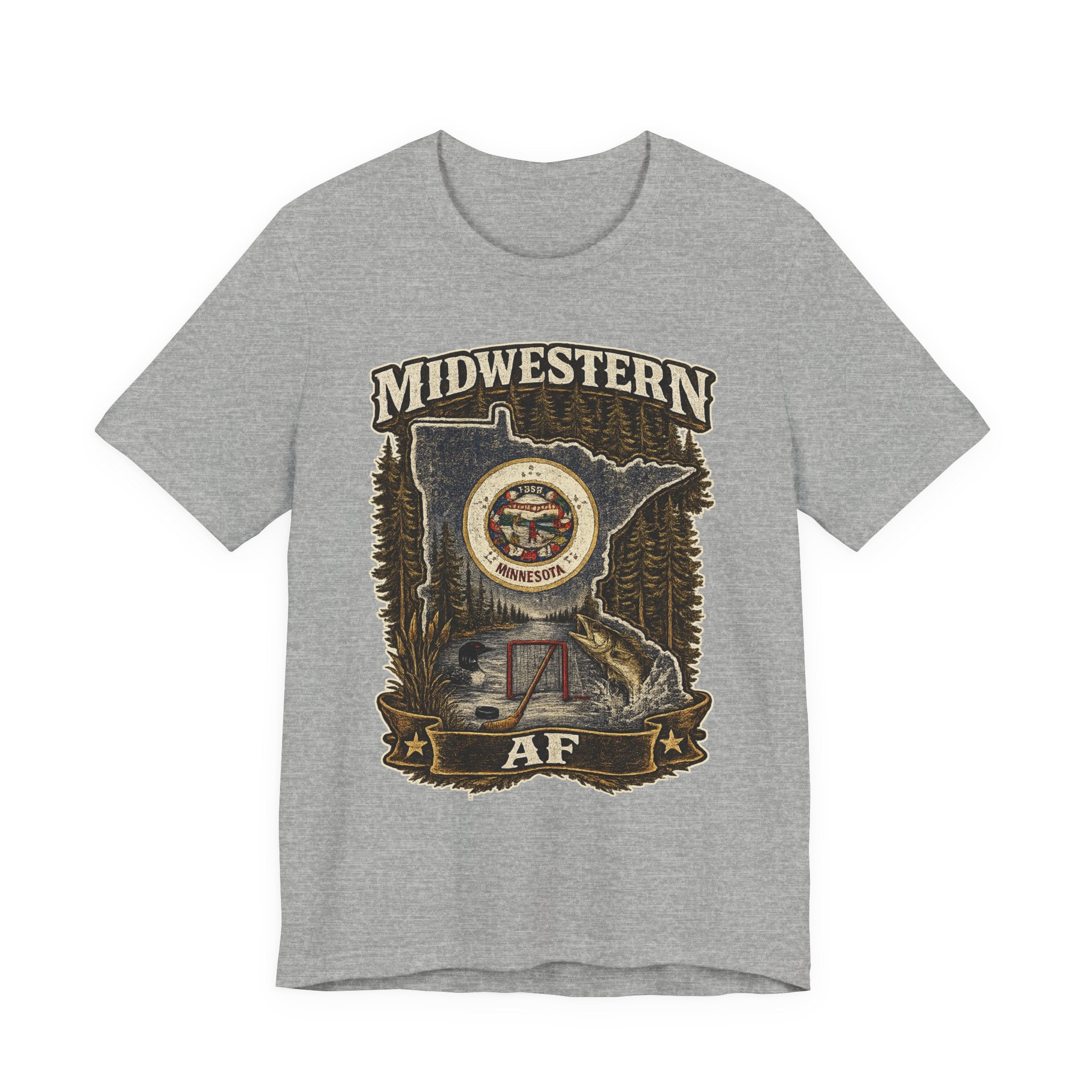 Family Friendly Midwestern AF Minnesota T-Shirt in Athletic Heather – distressed Minnesota state flag design with pine trees, loon and walleye