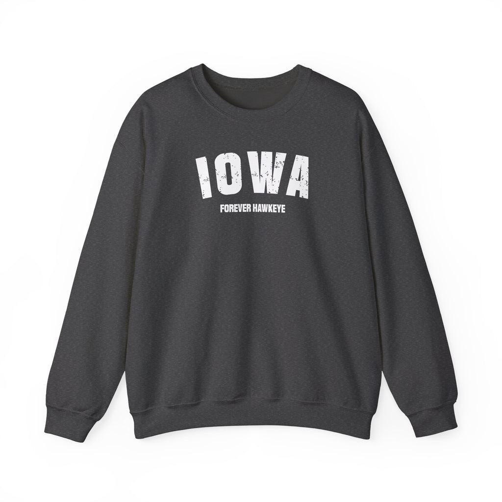 Dark heather custom Iowa crewneck laid flat, white varsity IOWA over FOREVER HAWKEYE