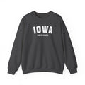 Dark heather custom Iowa crewneck laid flat, white varsity IOWA over FOREVER HAWKEYE