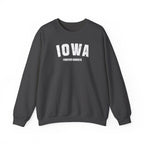 Dark heather custom Iowa crewneck laid flat, white varsity IOWA over FOREVER HAWKEYE