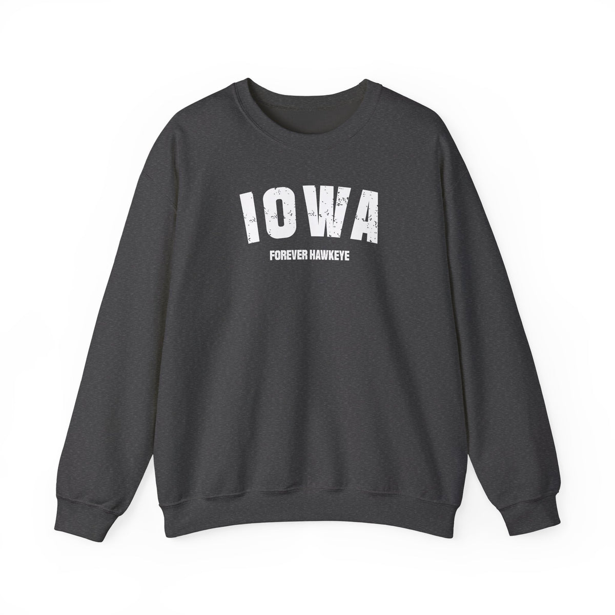 Dark heather custom Iowa crewneck laid flat, white varsity IOWA over FOREVER HAWKEYE