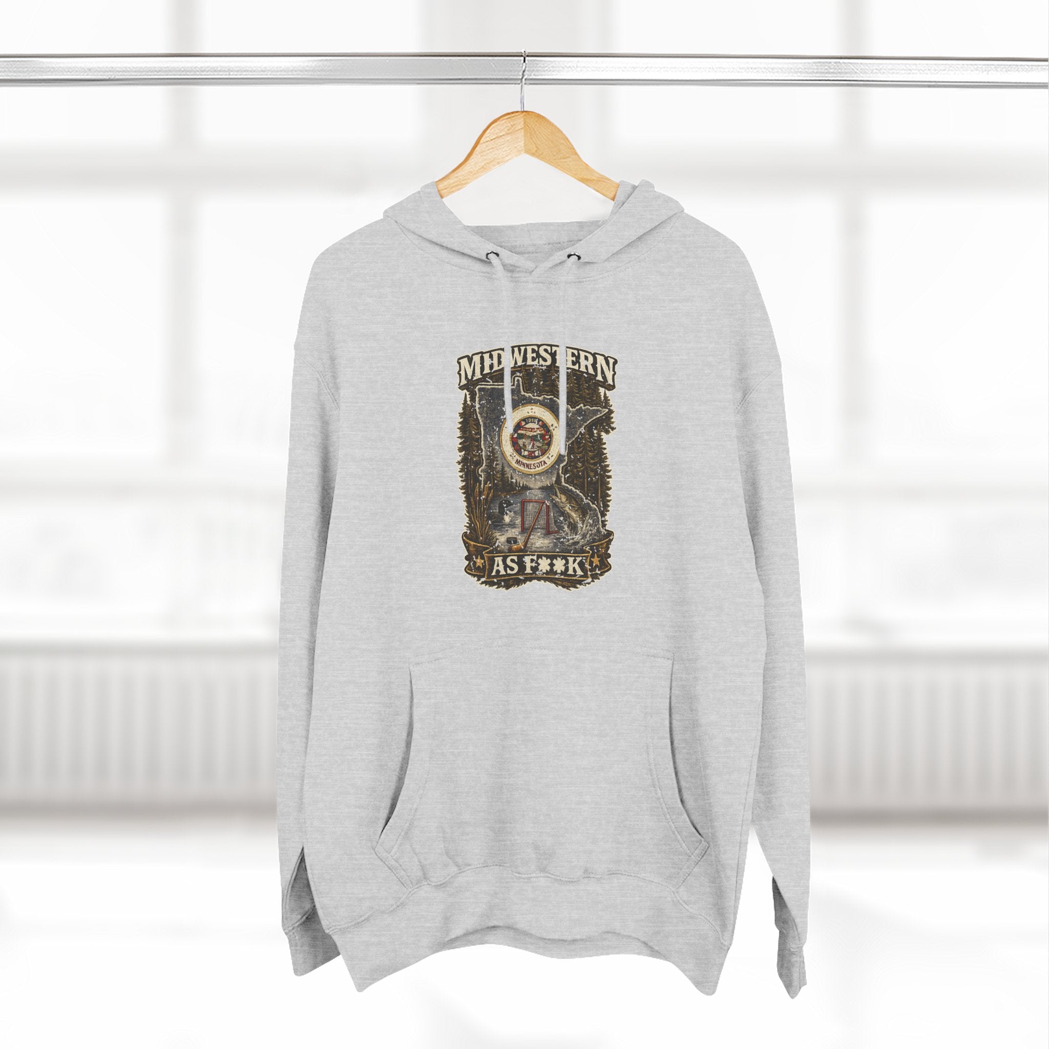 Slightly Salty Midwestern As F**K Minnesota Hoodie – product photo 1 featuring the distressed state flag, pine trees, loon and walleye design