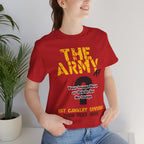 Woman wearing the Personalized U.S. Army AF T-shirt in Red beside a houseplant
