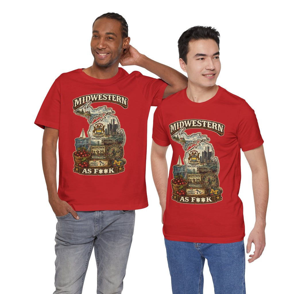 Slightly Salty Midwestern As F**K Michigan T-Shirt – product photo 19 featuring a distressed vintage design featuring Michigan's Upper and Lower Peninsulas overlaid with the state outline, surrounded by Detroit's skyline, Woodward Avenue, the Great Lakes, and Traverse City cherries
