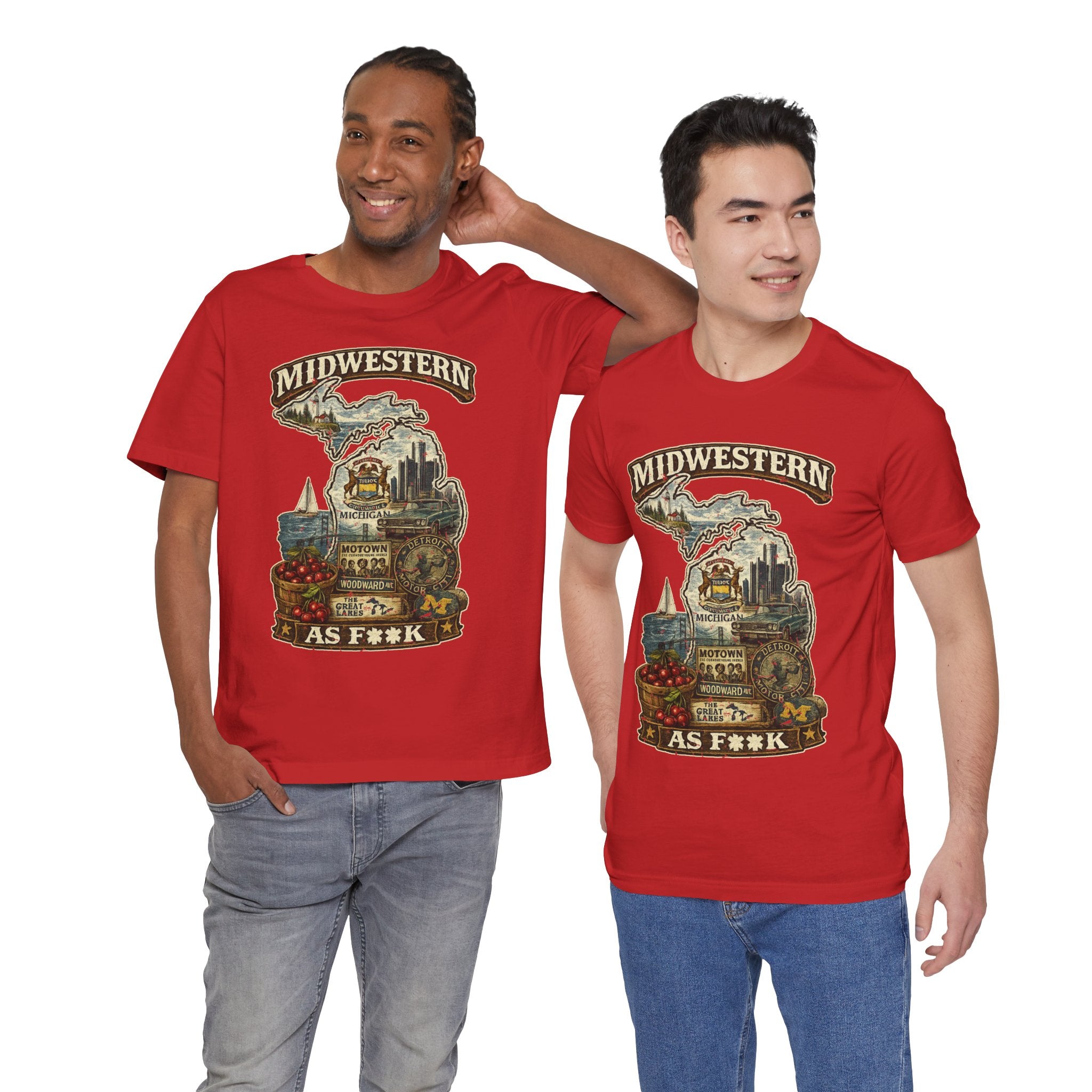 Slightly Salty Midwestern As F**K Michigan T-Shirt – product photo 19 featuring a distressed vintage design featuring Michigan's Upper and Lower Peninsulas overlaid with the state outline, surrounded by Detroit's skyline, Woodward Avenue, the Great Lakes, and Traverse City cherries