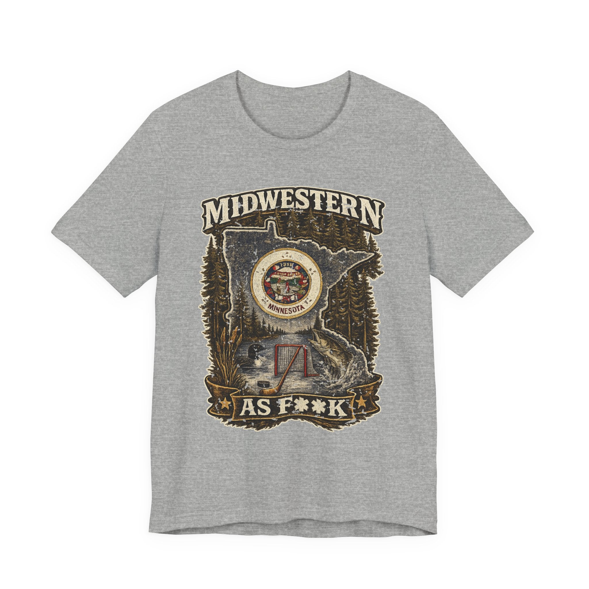 Slightly Salty Midwestern As F**K Minnesota T-Shirt in Athletic Heather – distressed Minnesota state flag design with pine trees, loon and walleye
