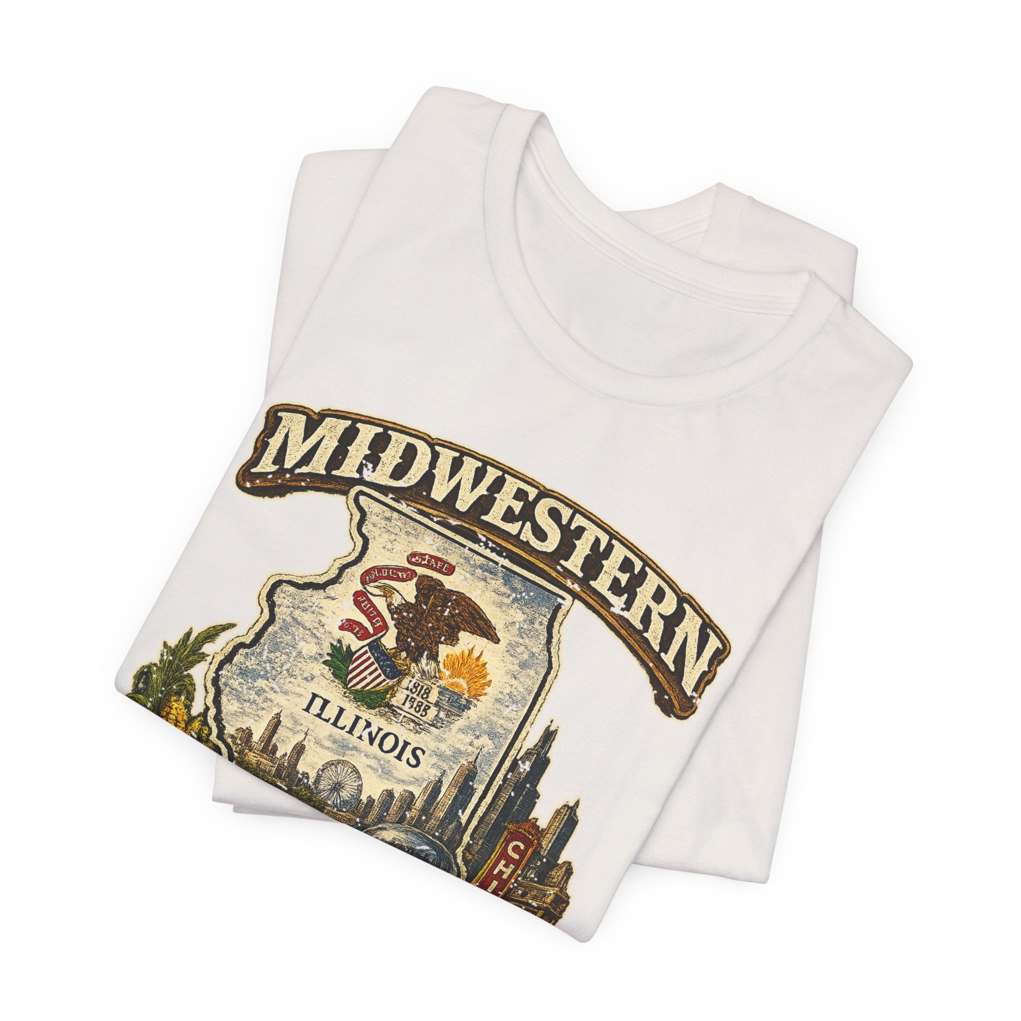 Family Friendly Midwestern AF Illinois T-Shirt – product photo 24 featuring a distressed vintage design featuring the Illinois state outline overlaid with the state flag, surrounded by the Chicago skyline, the Chicago Theatre sign, The Bean, deep-dish pizza, a Chicago-style hot dog, and towering corn fields