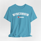 Heather aqua Personalized Wisconsin tee draped loosely, white varsity print facing up