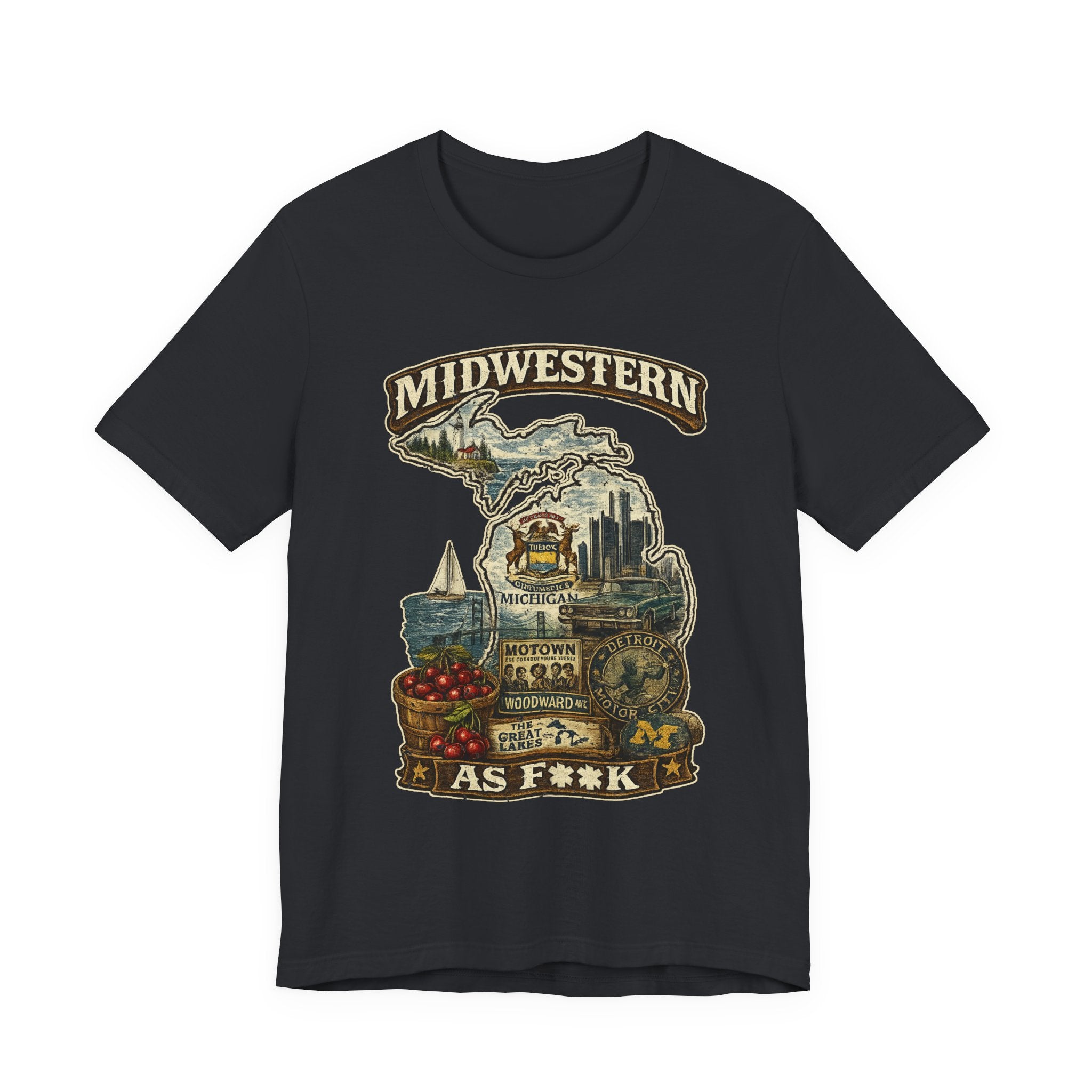 Slightly Salty Midwestern As F**K Michigan T-Shirt in Vintage Black – a distressed vintage design featuring Michigan's Upper and Lower Peninsulas overlaid with the state outline, surrounded by Detroit's skyline, Woodward Avenue, the Great Lakes, and Traverse City cherries