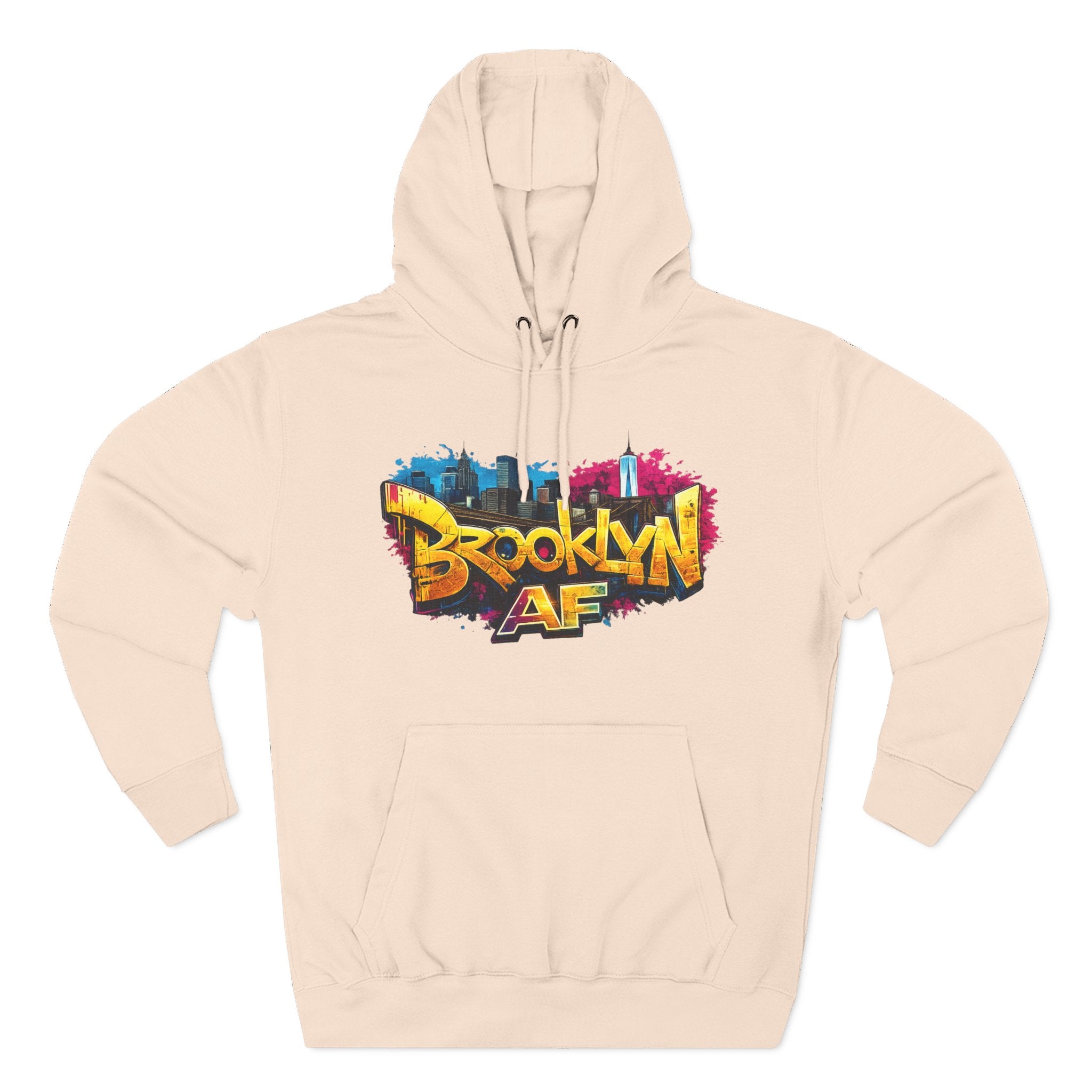 Pale Pink hoodie, flat lay front view, with graffiti-style Brooklyn AF logo and NYC skyline paint-splash print.